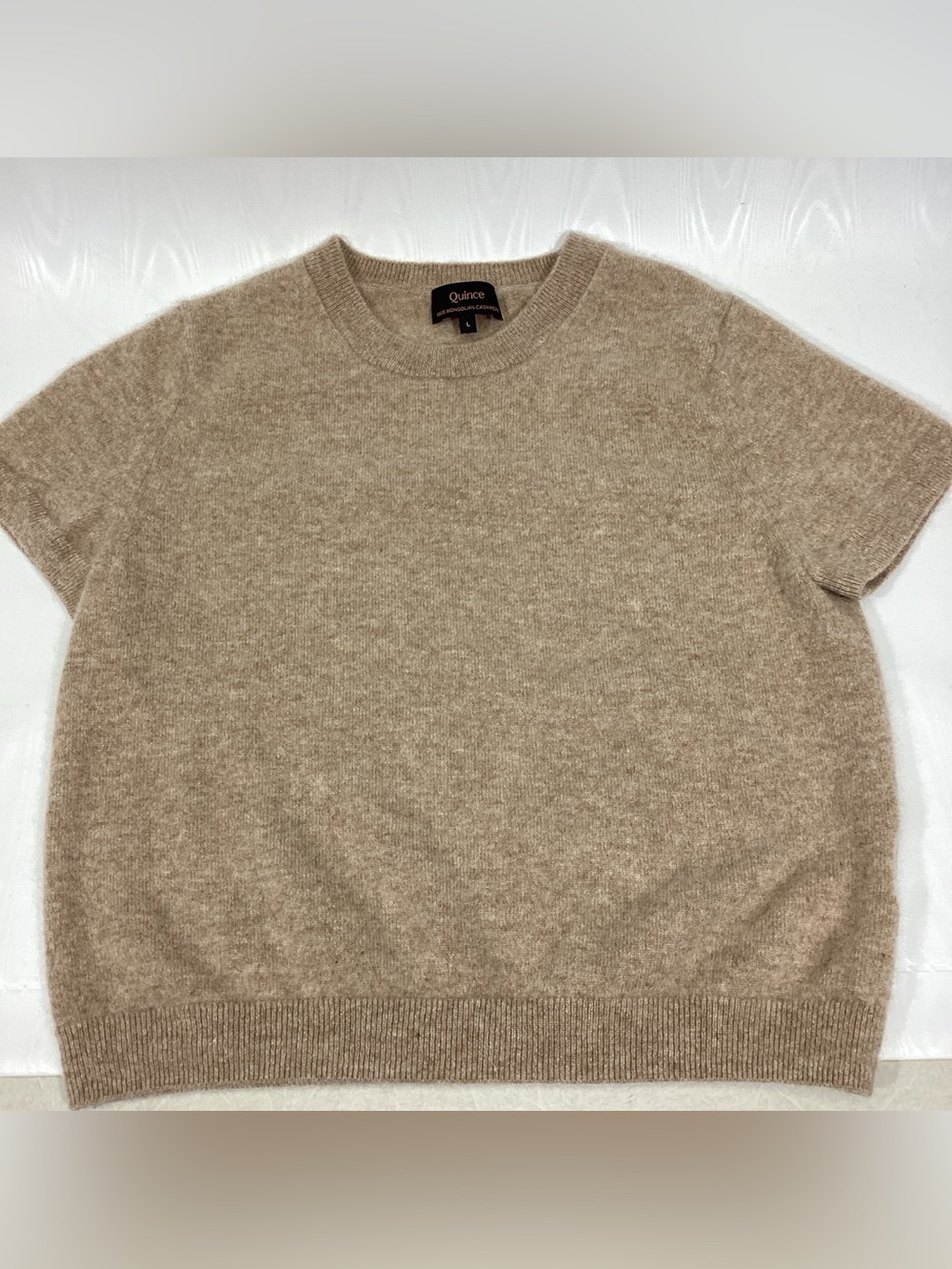 Quince Short Sleeve Crewneck Sweater in Heather Taupe…100% Mongolian cashmere.